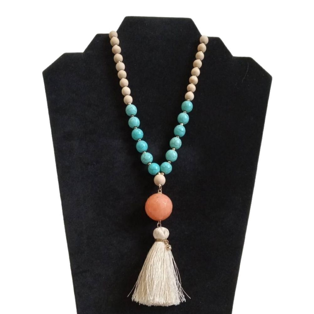 Colorful Wood & Plastic Beaded Round Faceted Pendant Bohemian Tassel Necklace